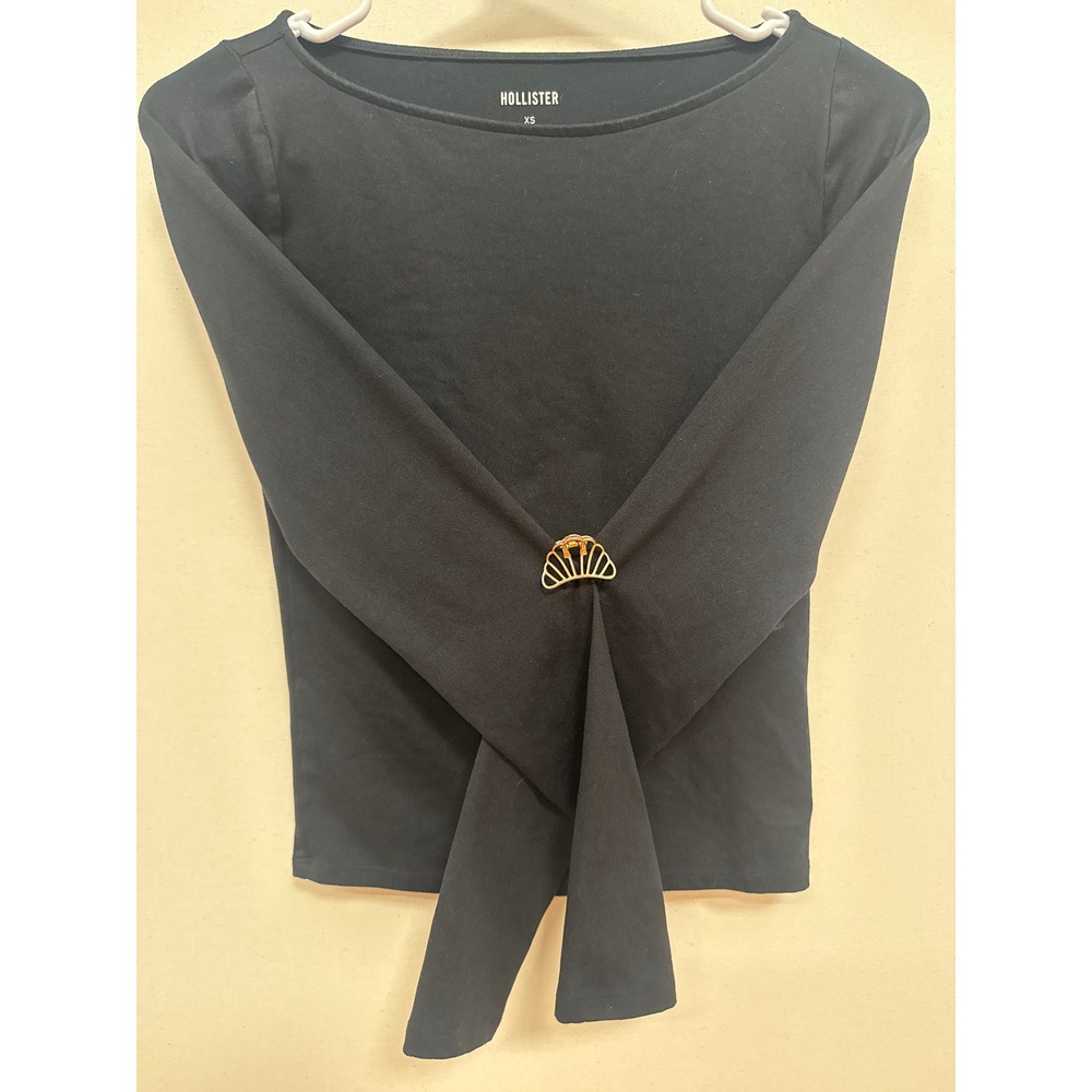 Hollister Womens XS Black Long Sleeve Boat Neck Slim Fit Stretch Top